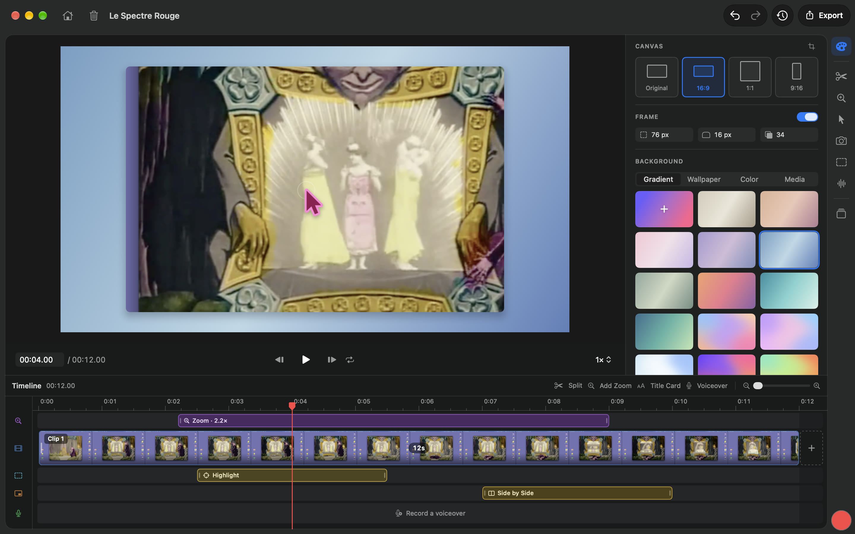 The Screenie editor: a recording framed on a gradient, the Appearance inspector, and a timeline with zoom, annotation and layout lanes.