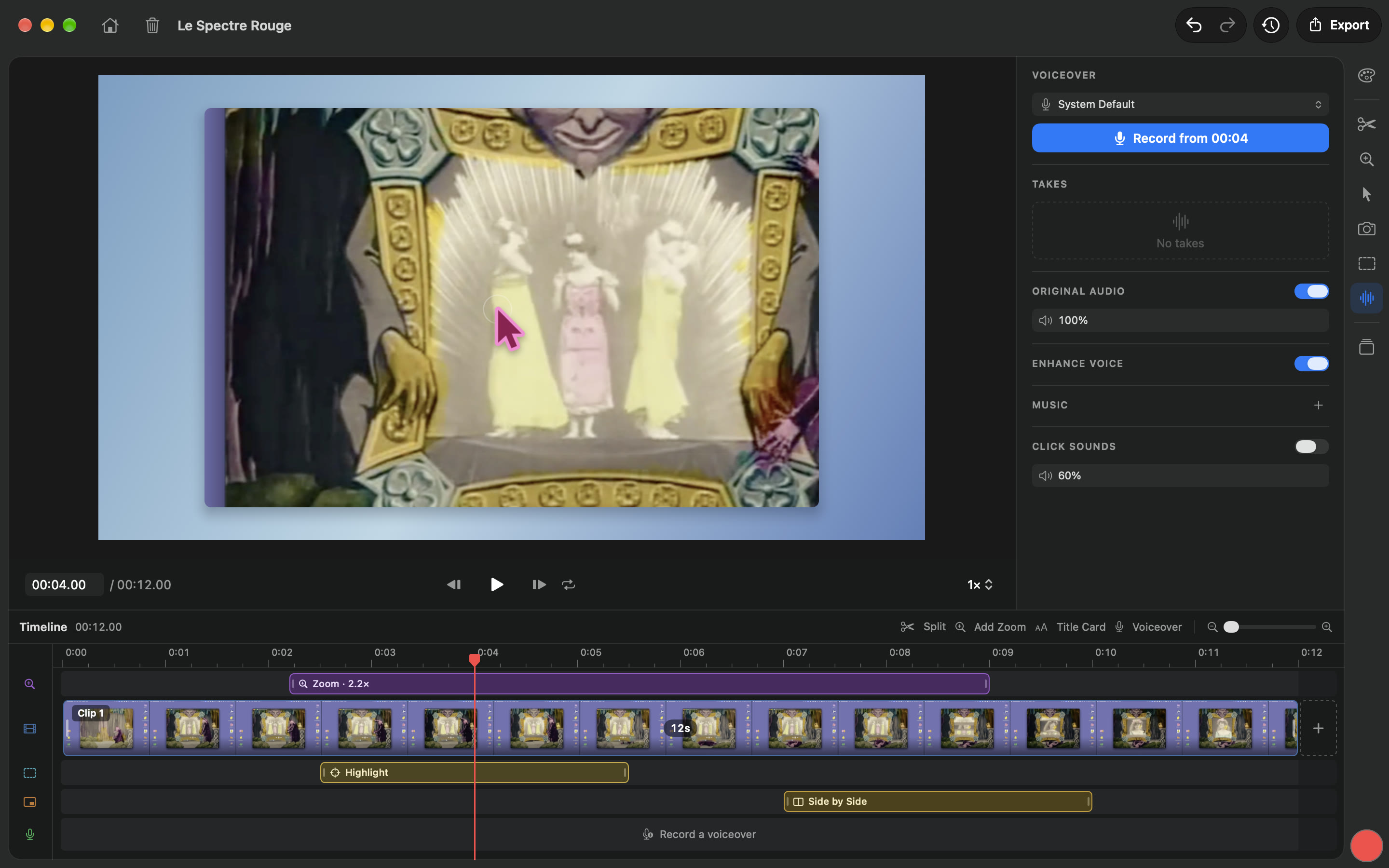 The editor on the Audio tab: original audio, Enhance Voice, music and voiceover.